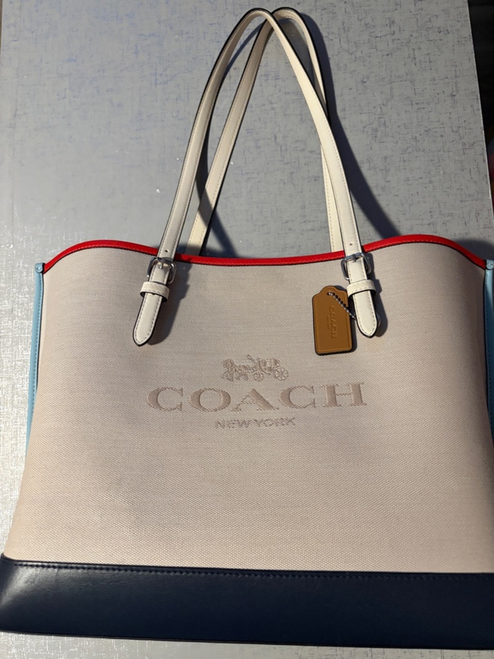 COACH Colorblock Canvas Tote in Beige with Navy, Red & Light Blue Accents